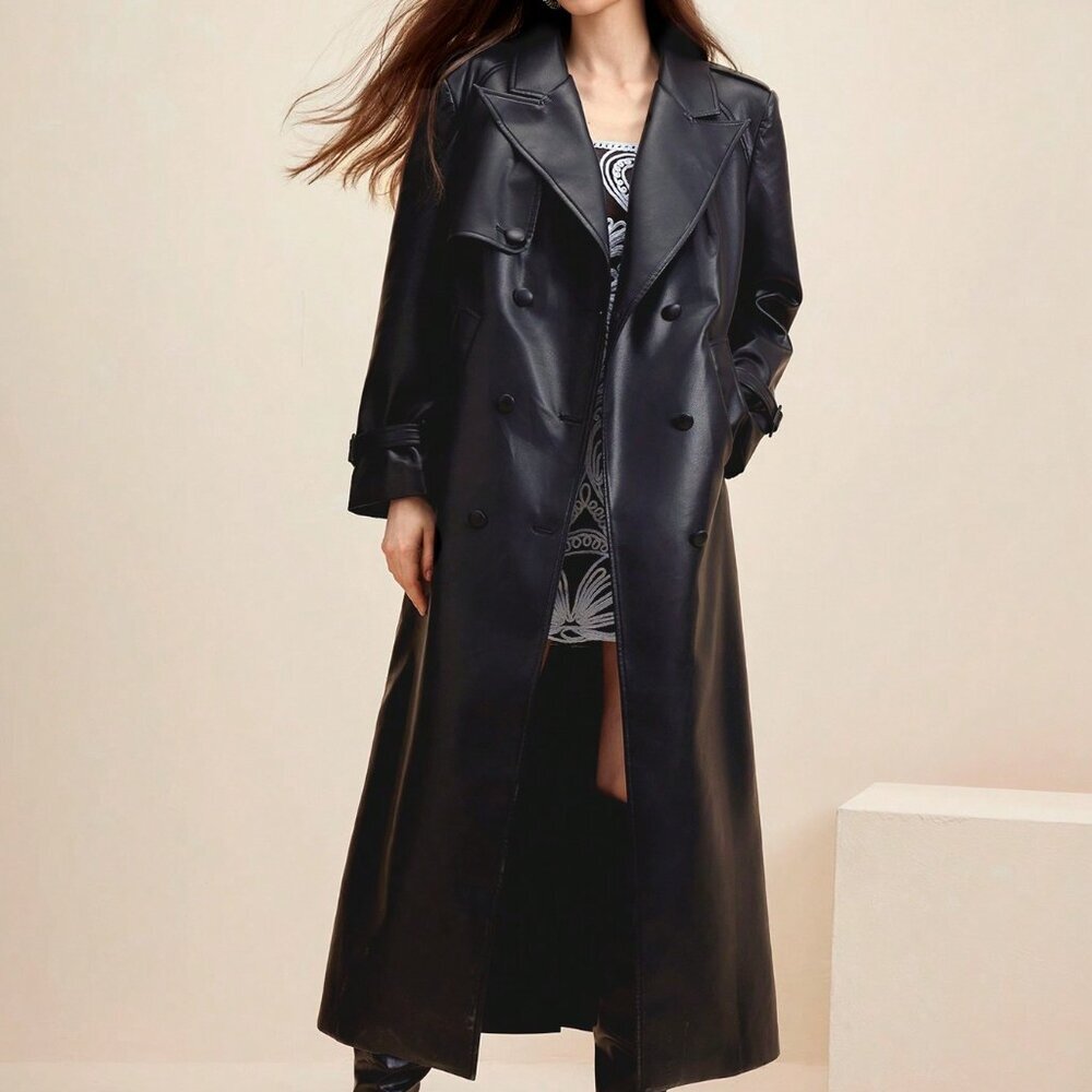 Black Elegant Women's faux Leather Jacket Trench Coat Casual Outerwear - Picture 6 of 7
